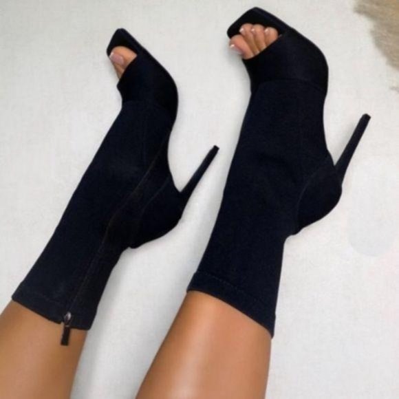 Black Lycra Squared Open Toe Ankle Booties - Picture 8 of 9